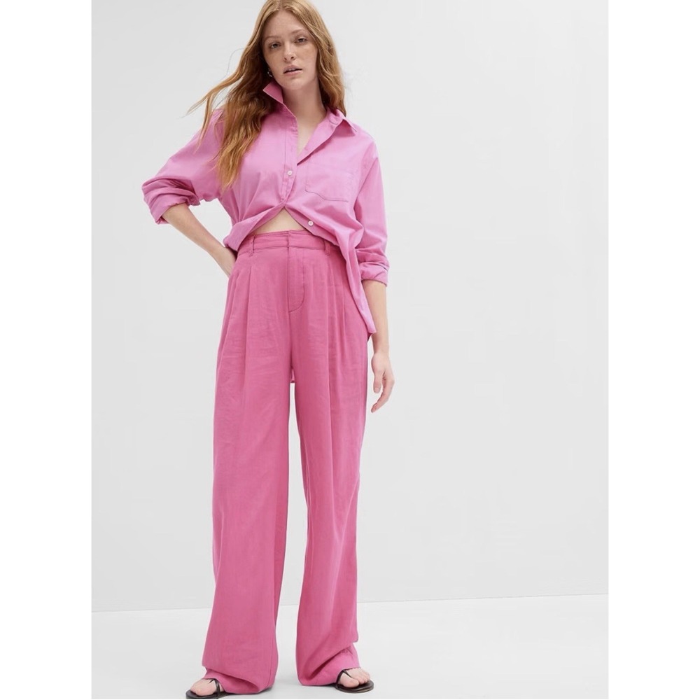 Gap Wide Leg Linen Blend Pants Pleated High Rise Pink Preppy Office Work 6 NWT